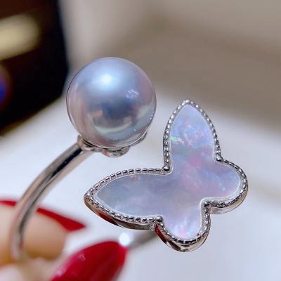 China CLASSIC Silver Gray Perfectly Round Seawater Pearl Butterfly Rings S925 Shell Rings Jewelry Gifts for sale