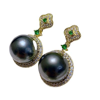 China CLASSIC 10-11mm Tahitian Pearl Drop Earrings Flor Design Seawater Black Pearl Perfectly Round Jewelry for sale