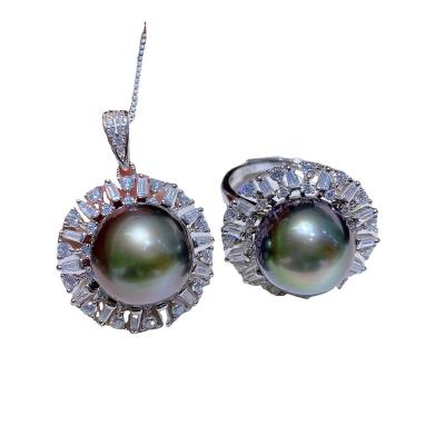 China Sunflower CLASSIC Style Seawater Black Color Big Round Pearl Chain& Rings Tahitian Pearl Set Jewelry for sale