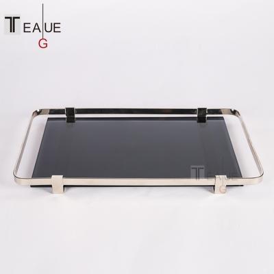 China Minimalist Rectangular Coffee Dish Storage Metal Rolling Refreshment Coffee Glass Tray for sale