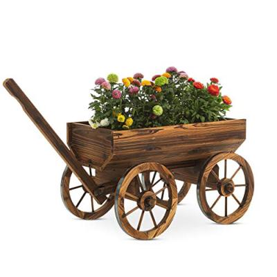 China Modern Outdoor Garden Planter Carts Cedar Wood Burnt Brown Wooden Flower Planter Cart Pot Rack for sale