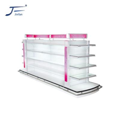 China Customized high quality glass shelf double sided supermarket cosmetics and skin care product display gondolas for sale