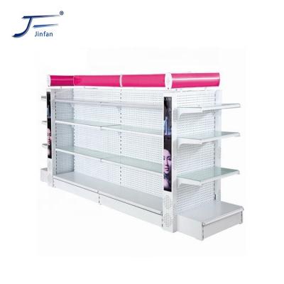 China Customized high quality supermarket double sided perforated back panel cosmetics and skin care products glass display rack for sale