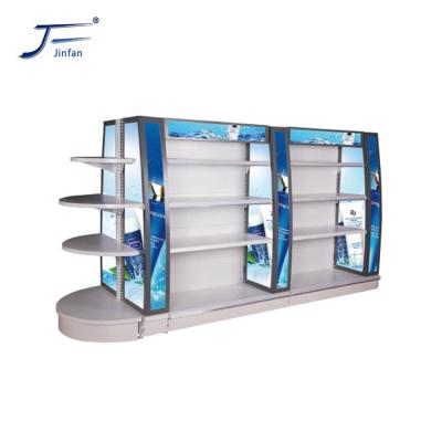 China Customized high quality glass shelving double sided semicircle display of supermarket cosmetics and skin care products for sale