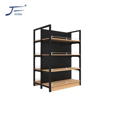 China Factory Customized Wooden Shelves Double Sided Display Stand Supermarket Design Double Side Shelf for sale