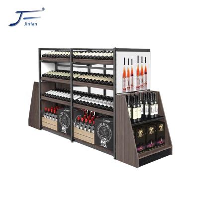 China Factory Supermarket Wine Rack Double Sided Steel Wooden Rack Customized Floor Shelf for sale