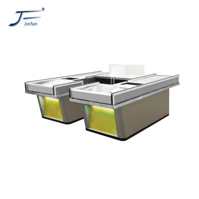 China Appearance Guaranteed Good Quality Supermarket Design Grocery Checkout Counter With Conveyor Belt for sale