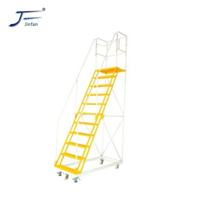 China Folding Ladders Warehouse Kick Down Steel Rolling Folding Platform Ladders Strong Trolley With Extra Tether for sale