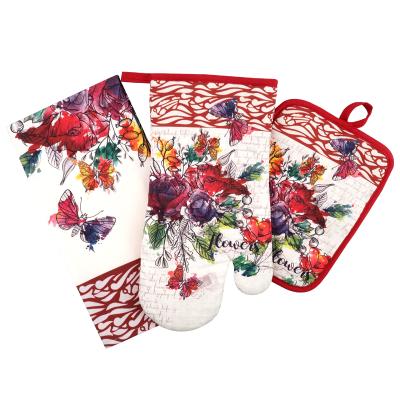 China Sustainable Promotion Christmas Design Oven Glove Pot Holder Kitchen Towel Set for sale