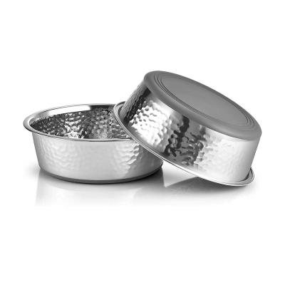 China 2023 Sustainable Hammered Premium Stainless Steel Metal Dishwasher Safe Cat Bowls With Non Slip Bowls And Pet Rubber Bottom Feeders for sale