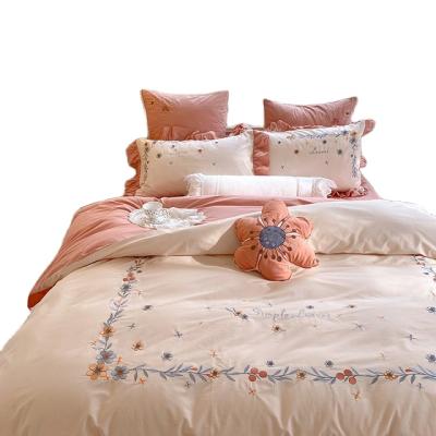 China Nondisposable Embroidery Style Cotton Bedding Set Process Orange and White Flower Bedding Set for sale