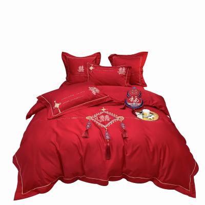 China Luxury Red Wedding Bedding Set 80 Long-staple Nondisposable Cotton Double-Strands For Wedding for sale