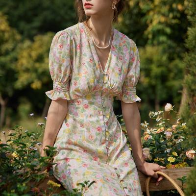 China Summer Anti-Static Floral Print Women Boho Dresses Long Sleeve V Neck Vintage Beach Vestido Female for sale