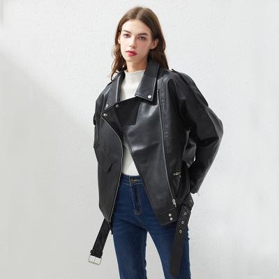 China QUICK DRY Leather Jacket Women Casual Loose Biker Belts Ladies Outwear Tops FB Style Black Leather Jacket for sale