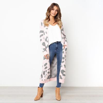 China 2021 New Fall Anti-shrink Leopard Print Long Cardigan Sweater Women Knitted Sweater Coat Women for sale