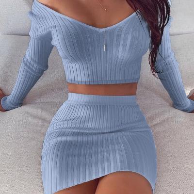 China 2021 Fall QUICK DRY Custom Crop Off Long Sleeves Sweater Set For Women 2 Piece Skirts for sale