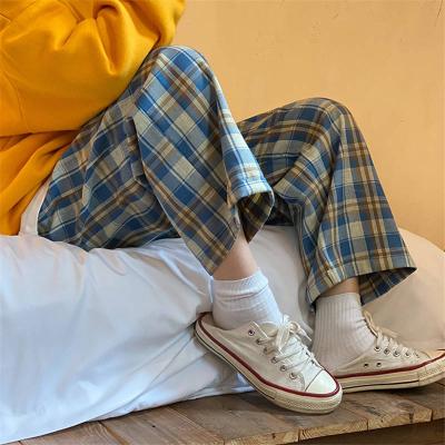 China 2021 Spring Summer Style High Waist Oversized Female Korean Wide Leg Pants Anti-wrinkle Plaid Pants Women's Plaid Pajamas for sale