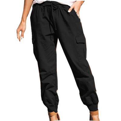 China Anti-wrinkle 2021 Autumn Ladies Solid Color Fashion Casual Pocket Cargo Pants Monos Woman Lace Up Cargo Pants for sale