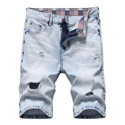 China QUICK DRY Mens Ripped 100% Cotton Fringed Hole Knee Length Short Jeans Summer Shorts Denim Shorts for sale