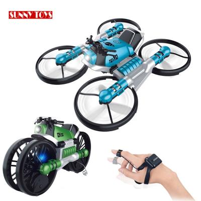 China Headless Mode 2 in 1 Toy Remote Control Hand Gesture Feeling Folding Watch Drone Quadcopter RC Motorcycle Drone Toys for Kids for sale