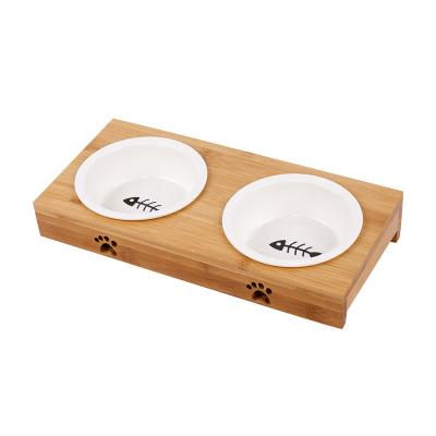 China Double Stainless Steel Pet Wash Ceramic Pet Bowl Automatic Easy Bowl Bamboo Wooden Stand for sale