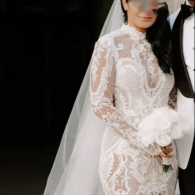 China 2021 Viable Long Sleeves Lace Appliques Floor Length Sheer White Long Bridal Gowns Zipper Long Sleeves Back Wedding Dresses for sale