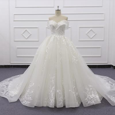 China Amazing Anti-wrinkle beading wedding dress princess off the shoulder zipper wedding dress long tail back lace appliques wedding dress for sale