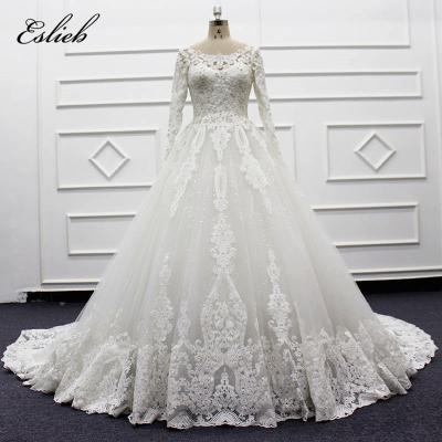 China Semi-Lovely Wedding Dress Semi-Lovely Wedding Dress Anti-wrinkle Bateau Neck Garden Style Full Sleeves Embroidery Lace Edge Wedding Dress for sale