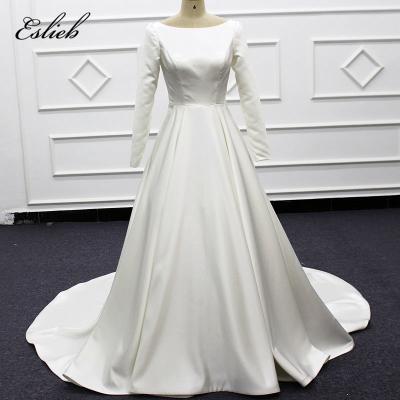 China simple dress queen wedding long sleeves button wedding dresses Anti-wrinkle Megan wedding dress court tail zipper back wedding dress satin for sale