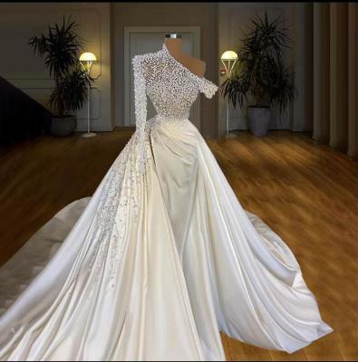 China Viable Sheath Wedding Dresses 2020 With Detachable Train Satin Fabric With Beading Designs Off The Shoulder Slit Skirt Bridal Gowns for sale