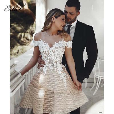 China Anti-wrinkle Grid Tulle Flower Lace Applique Wedding Dress Off The Shoulder Camp Wedding Dress Abbreviation Bride Camp Wedding Dress for sale