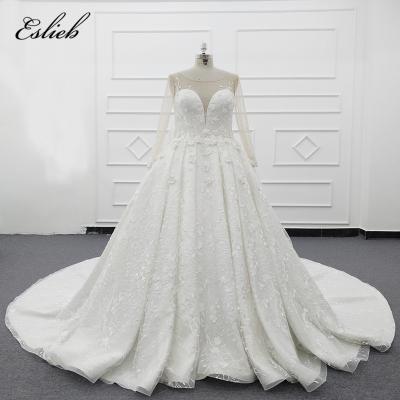 China Anti-Wrinkle Eslieb Flower Ball Gown Dimensional Crystal Bridal Gown Plus Size Luxurious Sheer Long Sleeves Muslim Wedding Dresses for sale