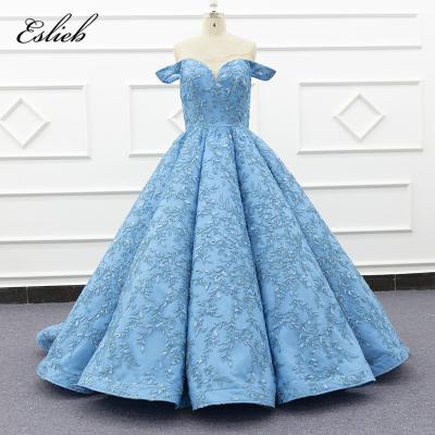 China Anti-Wrinkle Stunning Off The Shoulder Tube Wedding Dresses In Dubai Lace Up Blue V Neck Chapel Train Bridal Gown Bateau Neck Bridal Dress for sale