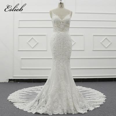 China Eslieb Anti-Static Spaghetti Straps Sexy Beach Wedding Dress Sheer Bodice Lace Appliques Bridal Gown V-Neckline Long Dress Bridal Wedding Gowns for sale