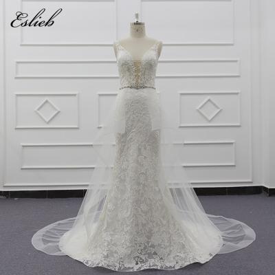 China Eslieb 2019 New Design Anti-wrinkle sexy mermaid with over skirt bridal dress beaded sashes deep V chest cut wedding dresses wedding dress for sale