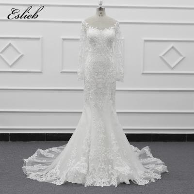 China SJ048 Charming Eslieb 2019 Anti-wrinkle Mermaid Long Sleeve Tulle Lace Appliques Vintage Wedding Dress With Scalloped Muslim Wedding Dress for sale