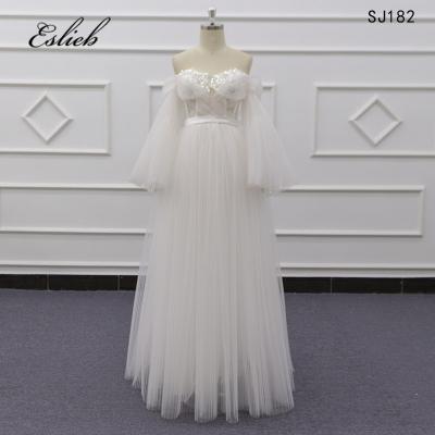 China Eslieb Wedding Dresses 2019 Anti-Static Strapless Vory Organza Beads Pleated Strapless Wedding Dress In China for sale