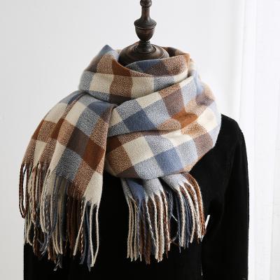 China Polyester Women's Warm Shawl Long Wraps Large Scarves Knit Cashmere Feel Plaid Scarf for sale