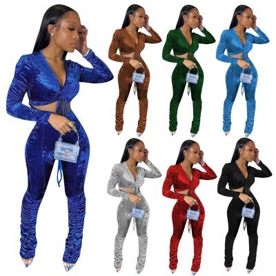 China Hot Selling Anti-wrinkle Velvet Crop Top V-neck Stacked Pants Set Pleated Two Piece Sets Women 2 Piece Sets for sale