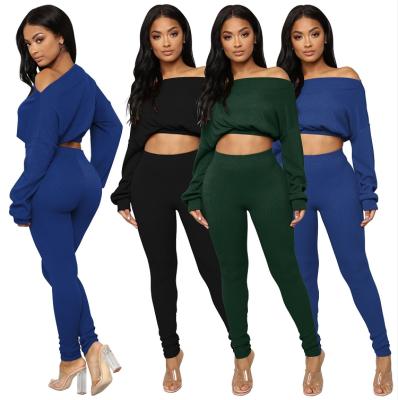 China Drop Women Solid Color Long Sleeve Viable Top Cropped Tight Long Pants Knitting Pantyhose Two Piece Set for sale