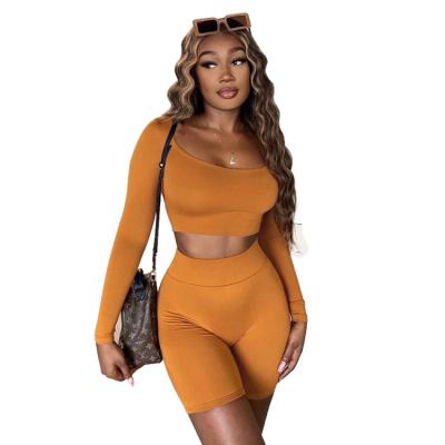 China QUICK DRY Orange Streetwear Set For Women Casual Solid Long Sleeve Skinny Pieces Shorts Both Sets for sale