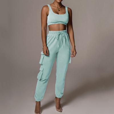 China Latest Breathable High Quality Female Cropped Two Piece Set 2021 Tank Top Jogger Cargo Pants Sweatpants for sale