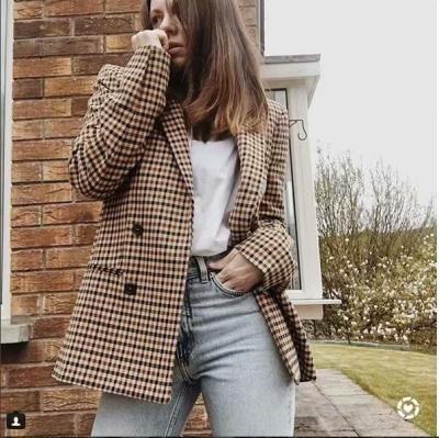 China 2020 Autumn Breathable Ladies Outwear Elegant Plaid Blazer Double Breasted Women for sale