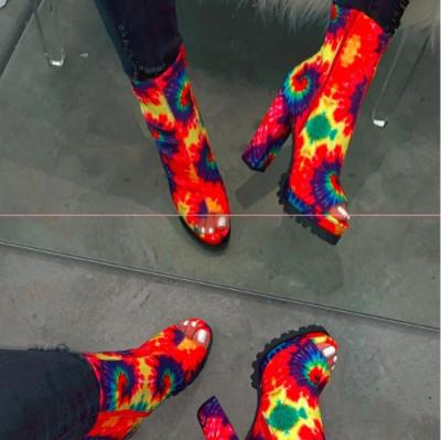 China New arrival printed red little peep-toe slipper satin high heels women fur ladies heel shoes heels for sale