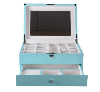 China Wooden Blue Jewelry Box Luxury Necklace Rings Collection Mirrored Jewelry Box Organizer With Lock for sale