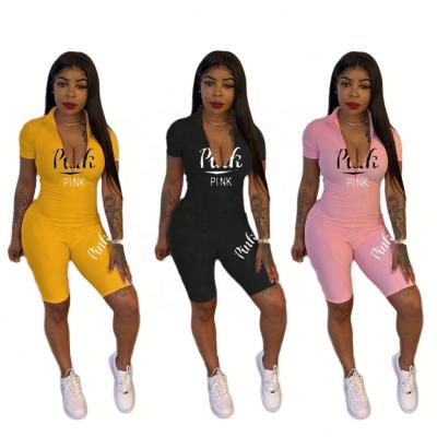 China 2021 summer anti-static casual jumpsuit v-neck letter printed tight shorts sportswear fitness clothes women for sale