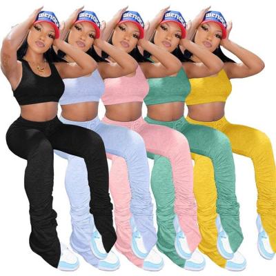 China Xm-20728017 2020 Women Solid Color Breathable Yoga Slit Pants Joggers Sports Stacked Pants Gaiters For 2 Piece Set for sale