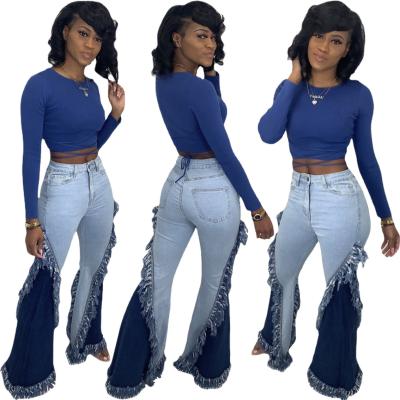 China Waterproof 2021 New Arrivals Women Flare Leg Pants Ladies Tassel Denim Bell Bottoms Wide Leg Jeans for sale