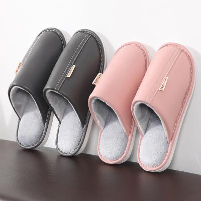 China Wholesale Cheap Fashion Trend PU Wear-resistant Upper Waterproof Fuzzy Home Slippers Warm Shoes for sale