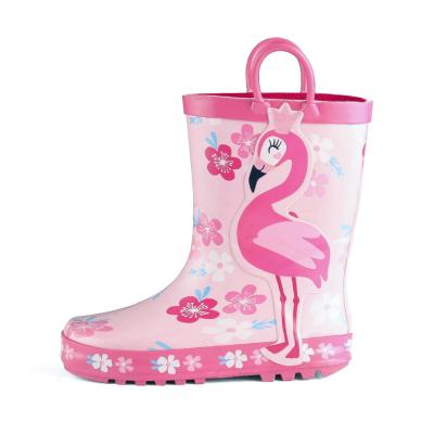 China Round RUNSIDE Easy-on Handle Rubber Flamingo Pattern Safety Cheap Kids Children Rubber Boots for sale